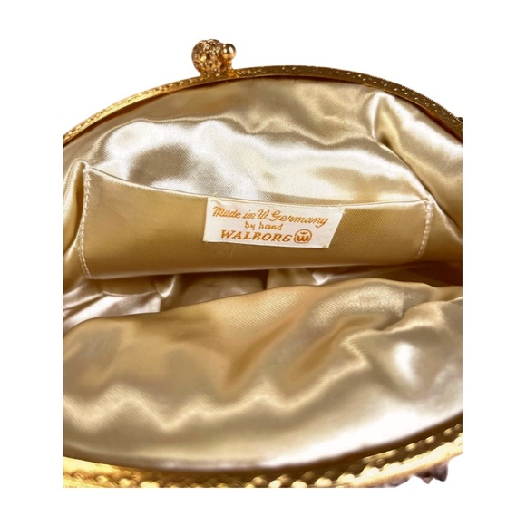 Walborg 1950's Vintage Gold Beaded Purse Evening Bag, Rhinestone Kiss Closure - Picture 6 of 9